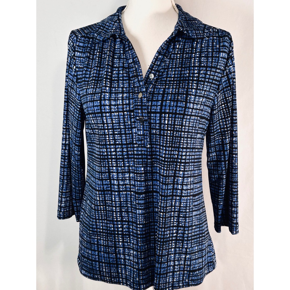212 Collection Womens Blue Black Geometric Grid 3/4 Sleeve Button Blouse XS